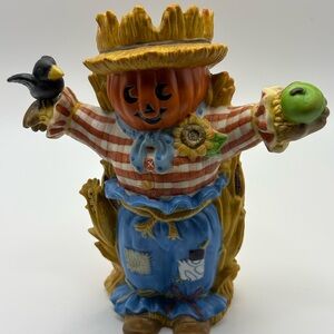PartyLite Orange Pumpkin Scarecrow Figurine with Blue Overalls and Green Apple